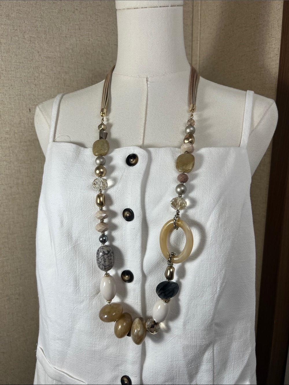 Chico's Long Neutral Multi-Bead Necklace in Cream, Beige, Taupe